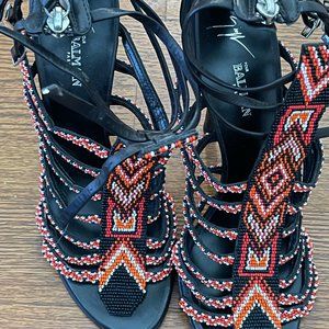 Balmain red, black and white beaded stiletto sandals 8